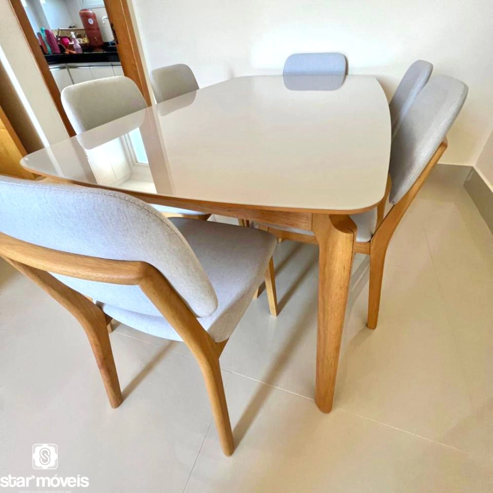 Conjunto com 6 Cadeiras Íris 101 1,80m x 1,00m Com Vidro Off White 