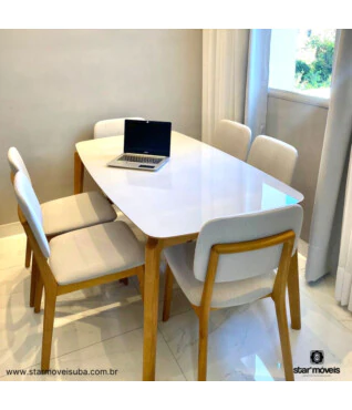 Conjunto com 6 Cadeiras Íris 101 1,80m x 1,00m Com Vidro Off White 