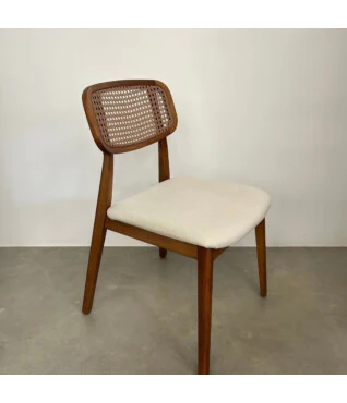 Cadeira Bari Castanho 102 Com Ratan Linho Off White PRONTA ENTREGA Lateral